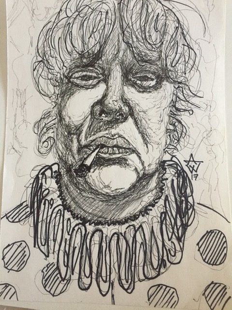 Pencil drawn image of a female clown smoking a cigarette