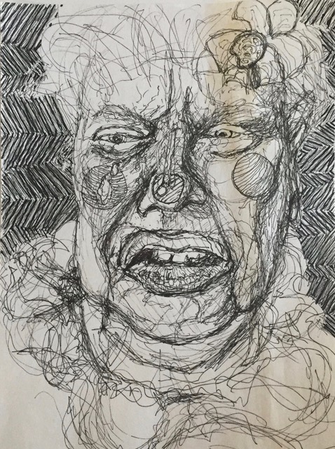 Pencil drawing of a close up portrait of a sad fat female clown wearing a clown costume and clown make-up