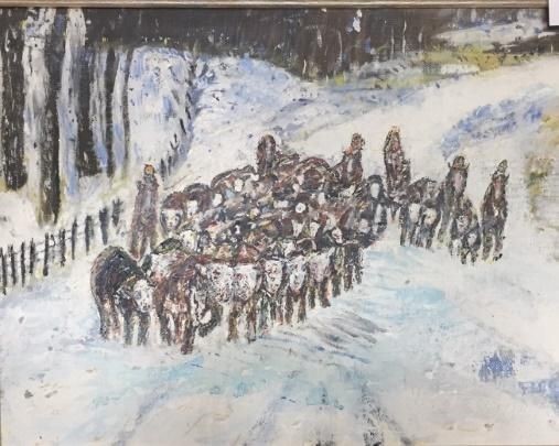 painting of a group of cows on a snowy street