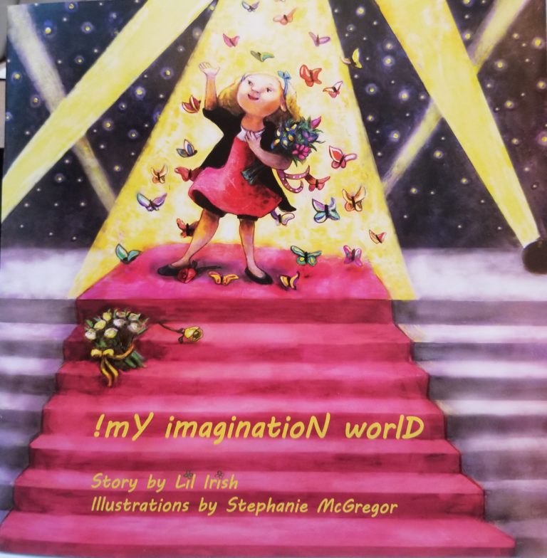 book cover of !mY imaginatioN worlD, a girl on a stage holds flowers and is surrounded by butterflies with stage lights behind her