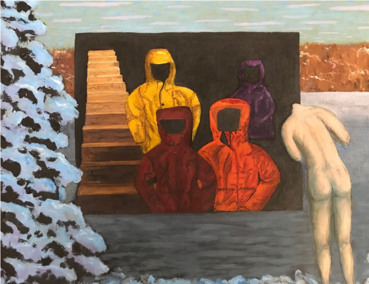 a nude person without a head in a winter scene looks into an image of warm winter jackets