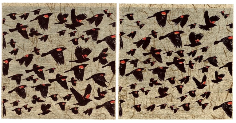a screen print of lots of black birds with red and yellow on their backs
