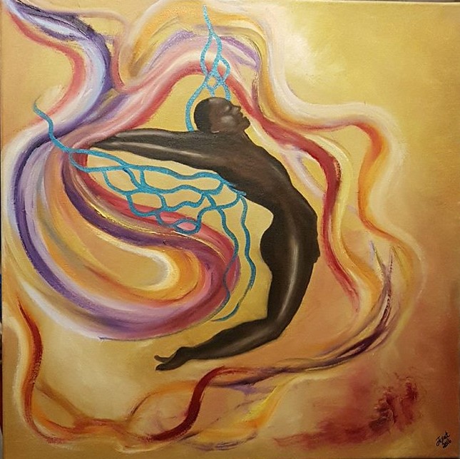 painting of a nude man arching his back in front of a swirl of colours
